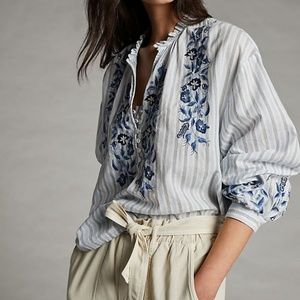 Anthropologie Pilcro The Tavi Blouse Blue Motif Sz S EUC